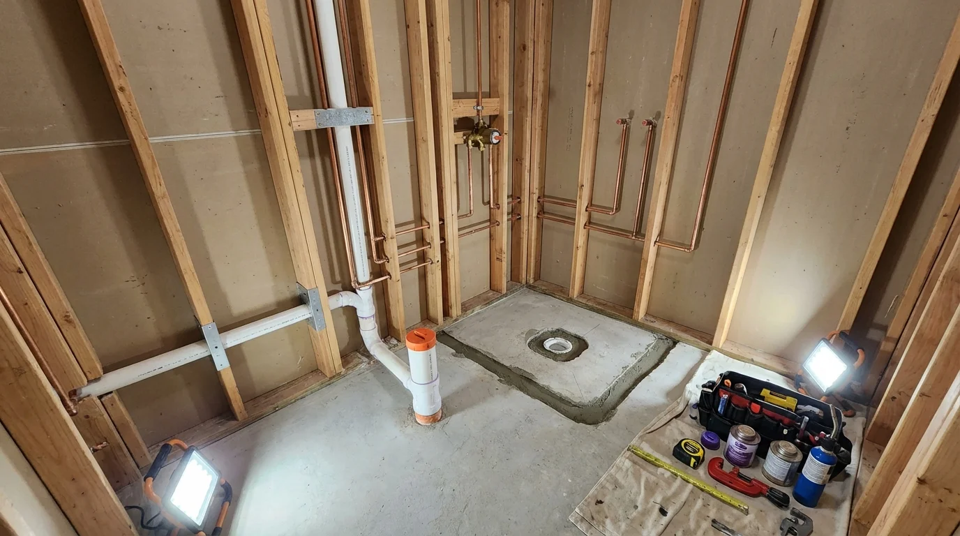 Bathroom rough-in plumbing during remodel by Johns Plumbing LLC in Dodge Center