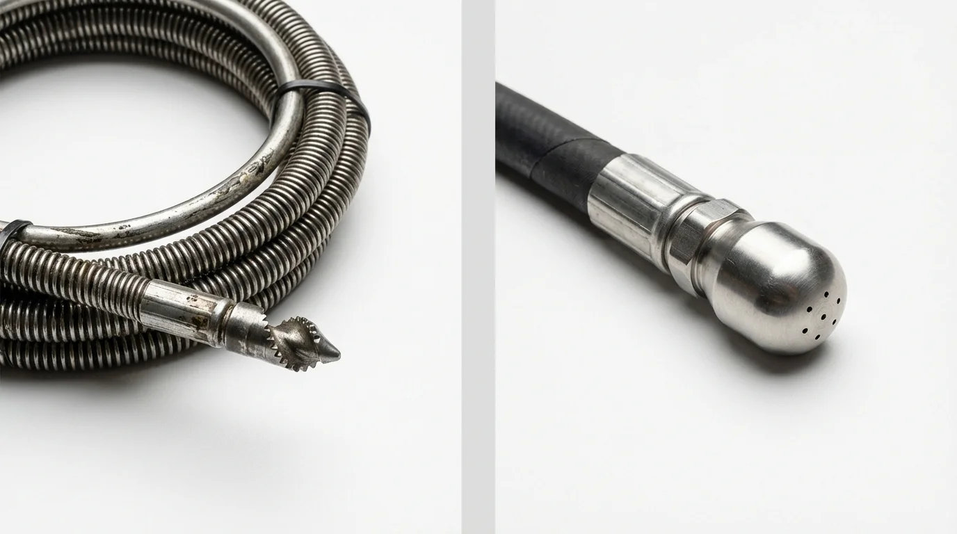 Drain snake cable and hydro jetting nozzle used for drain cleaning in Dodge Center, MN