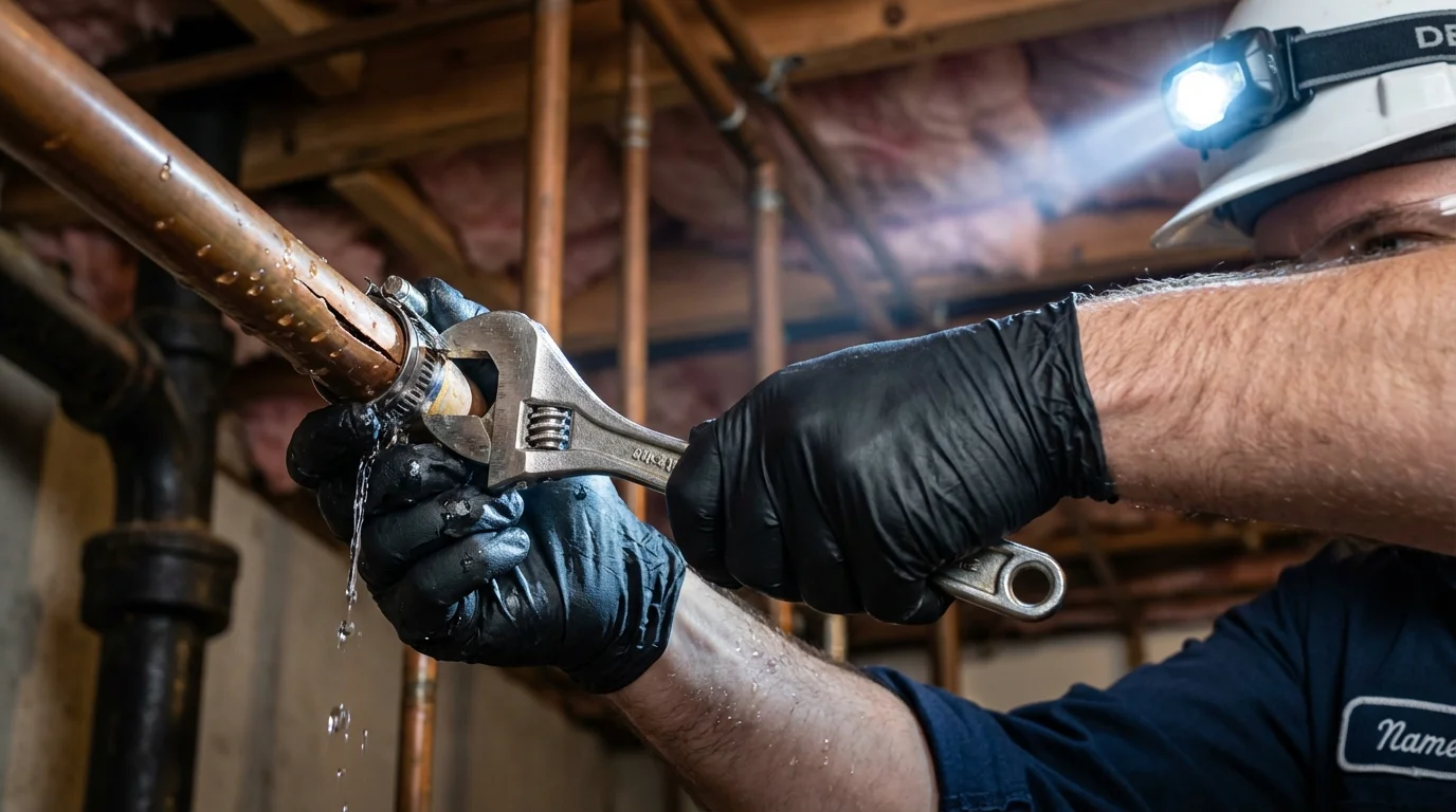 Emergency pipe clamp repair being performed by a Johns Plumbing LLC plumber in Dodge Center