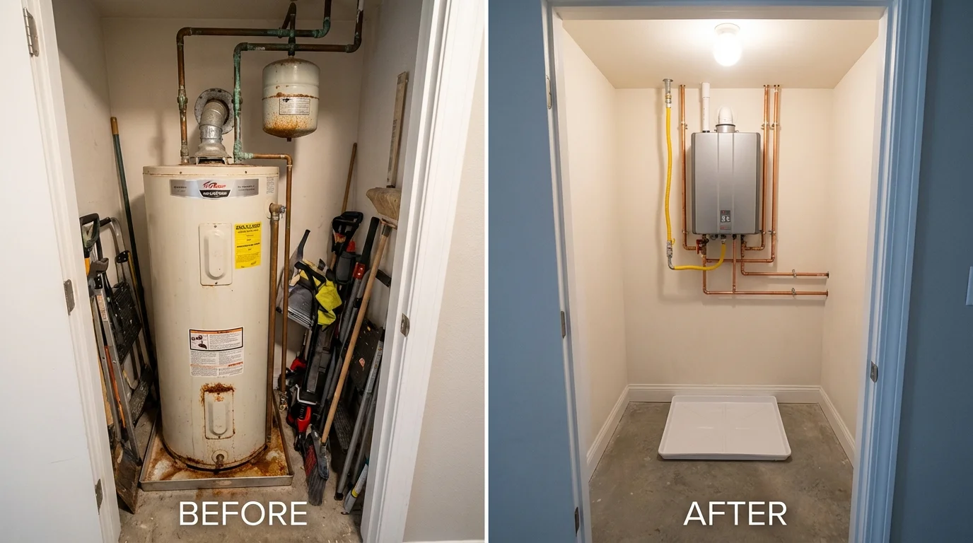 Tank water heater versus wall-mounted tankless unit comparison for Dodge Center, MN homeowners