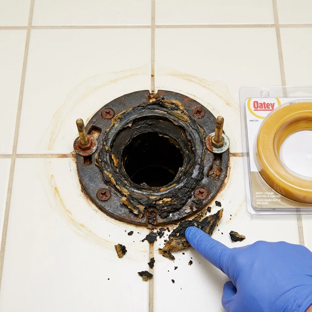 Failed wax ring showing water seepage at the base of a toilet in a Dodge Center, MN home