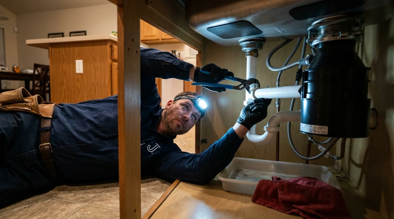 P-trap and supply line connections under a kitchen sink showing a common leak point in Dodge Center, MN
